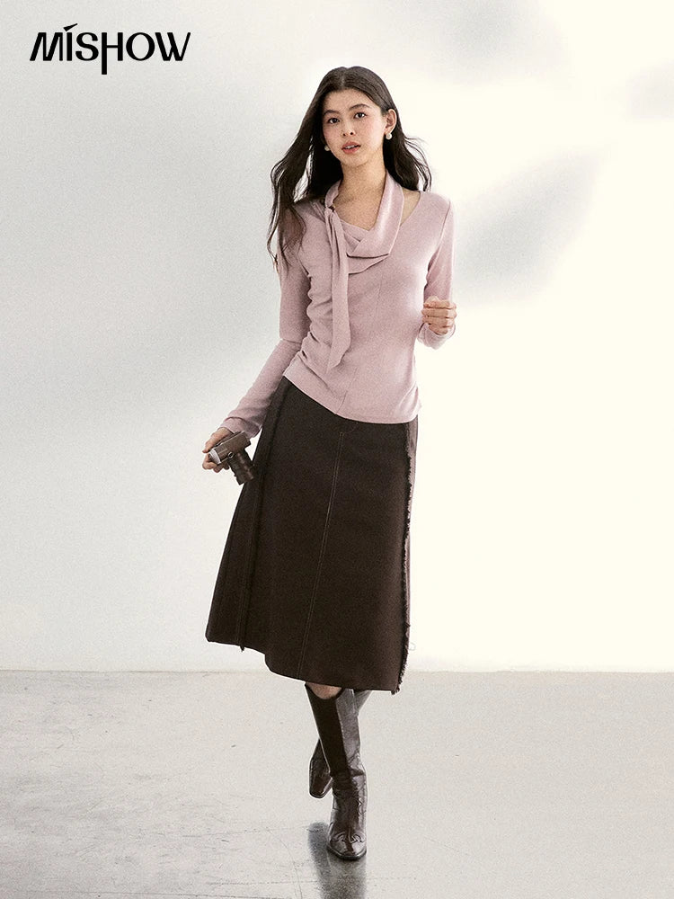 MISHOW Women's Scarf Neck Pink Long Sleeve Top 2026 Spring Color Collision Bead Asymmetrical Tops Knitted Sweaters MXF108Z1025