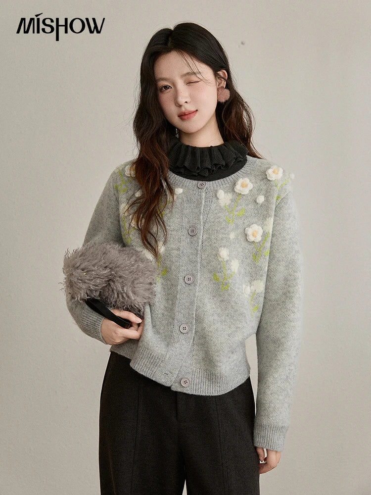 MISHOW Women's Gray Knitted Cardigan 2025 Winter Flower Embroidery Round Collar Single-breasted Warm Slim Sweaters MXE91Z2836