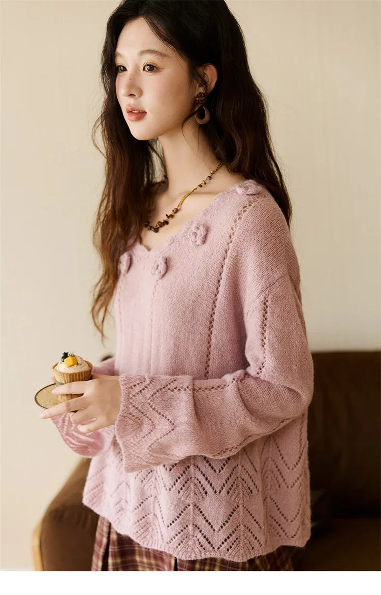 MISHOW Elegant Women's Sweaters 2025 Autumn Purple Hollow Out Wave V-neck Crochet Design Knitted Top Casual Pullovers MXE45Z1391