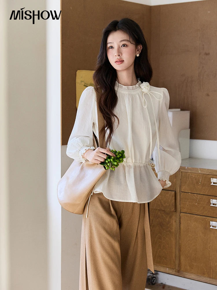 MISHOW Women's Ruffled Stand Collar Blouse 2026 Spring Flower Decor Apricot Blouses Drawstring Waist Puff Sleeve Top MXF11C2428