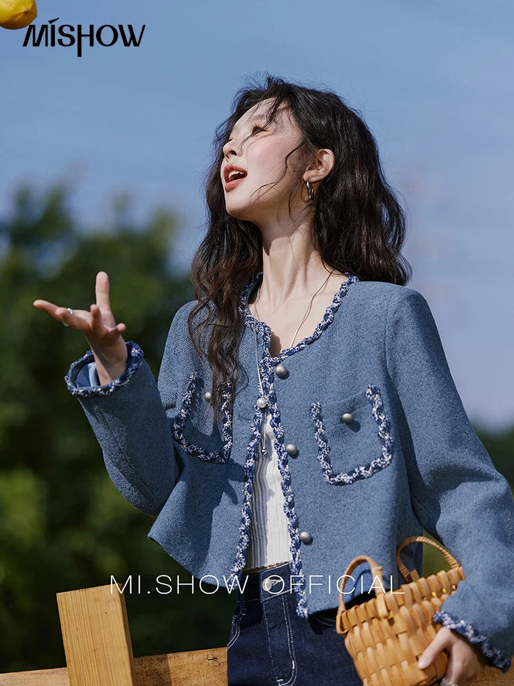 MISHOW Retro Fragrant Style Jacket for Women Spring 2025 Shoulder Pads Coarse Tweed Splicing Ribbon Blue Suit Coats MXE13W0705