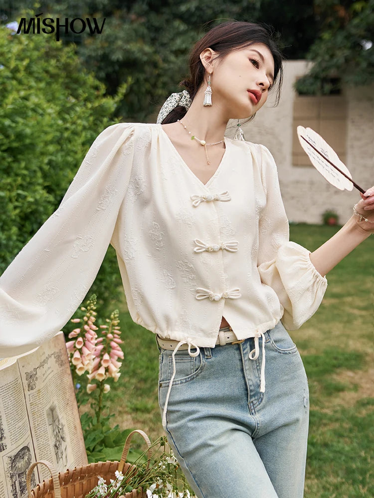MISHOW Chinese Button Up Single Row Shirt for Women 2024 Spring Jacquard Hem Drawstring Puff Sleeve Solid Loose Top MXD14X1386