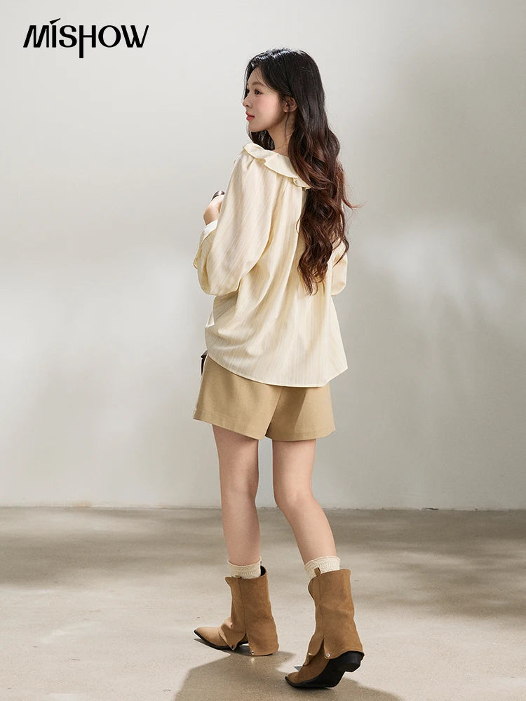 MISHOW Women's Khaki Wide Leg Shorts Spring High Waist Pleated Short Pants Back Elastic Waist Casual Loose Shorts MXF13K1202