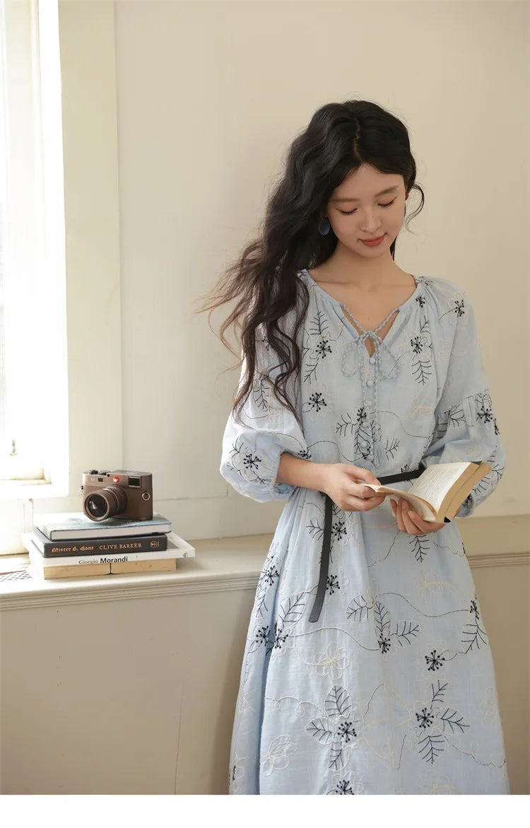 MISHOW Blue Flower Embroidered Dress 2025 Autumn Seven Cent Lantern Sleeve Tassel Tie Rope V-neck Dresses with Belt MXE42L2493