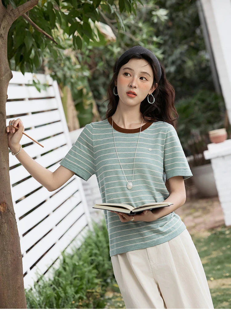 MISHOW Striped Knitted T-shirt for Women Summer 2025 Color Contrasting Round Neck Tees Wool Blended Slim Casual Top MXE35Z1270