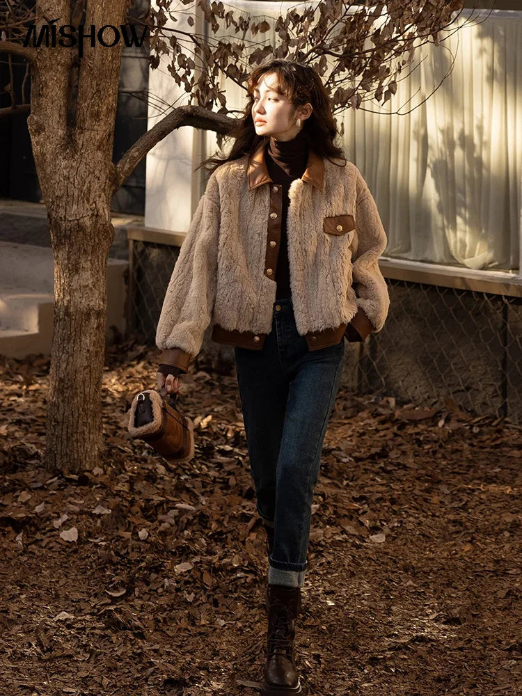 MISHOW Women's Lamb Wool Coat 2022 Winter Single Breasted Leather Turn-down Collar Thickened Warm Outwear Office Lady MXB43W0490