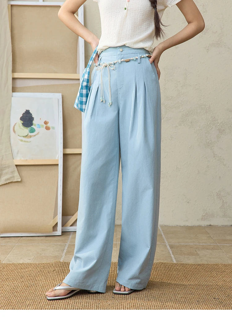 MISHOW Sea Salt Blue Wide Leg Pants 2025 Summer Contrasting Bead Belt Cotton Blend Trousers Slim Commuting Pants MXE35K0931