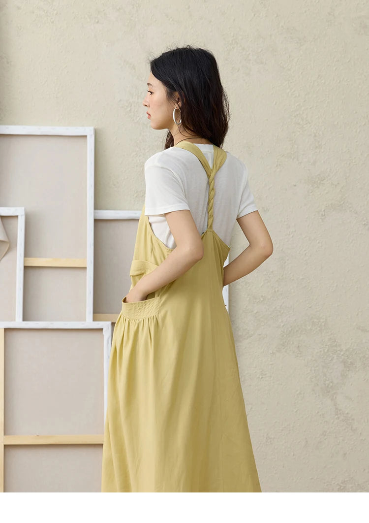 MISHOW Women's Cargo Large Pocket Strap Dress 2025 Summer Lemon-yellow Sleeveless Dress Retro Square Neck Loose Dress MXE35L2302