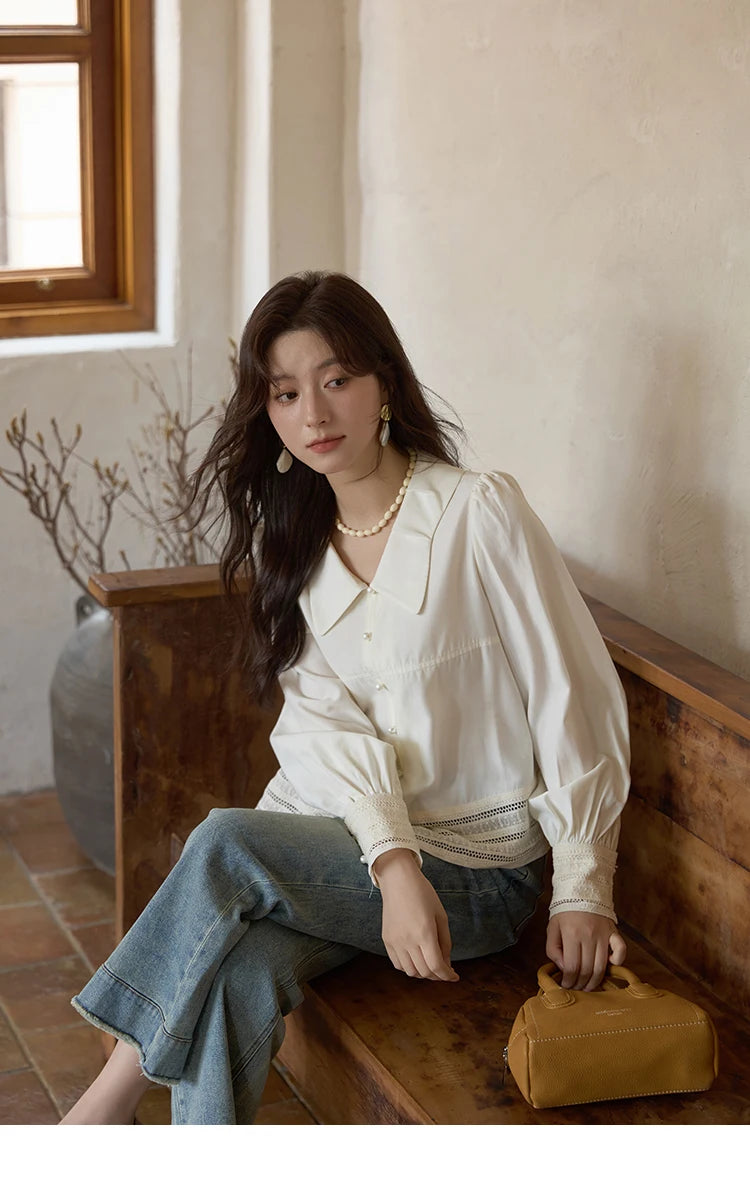 MISHOW Women's French Lace Patchwork Shirt 2025 Autumn Butterfly Collar Lantern Sleeves Apricot Elegant Commuting Top MXE41C2357