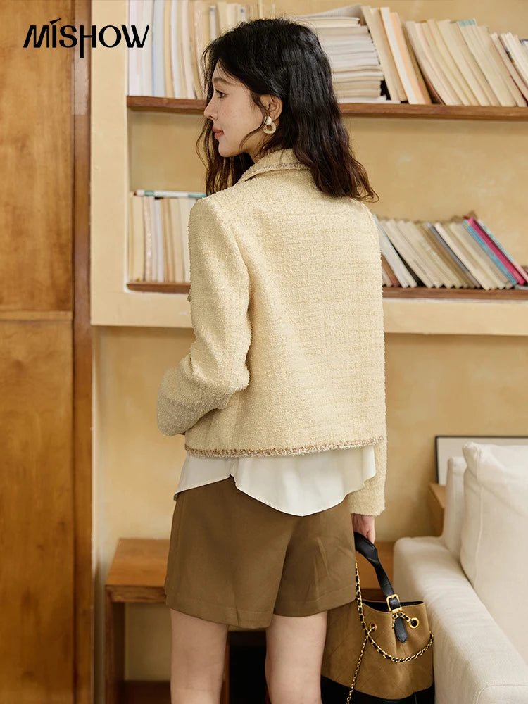 MISHOW Women's Fragrant Tweed Coat 2025 Autumn Retro Woven Short Top Metal button single breasted Lapel Commute Coats MXE46W0837