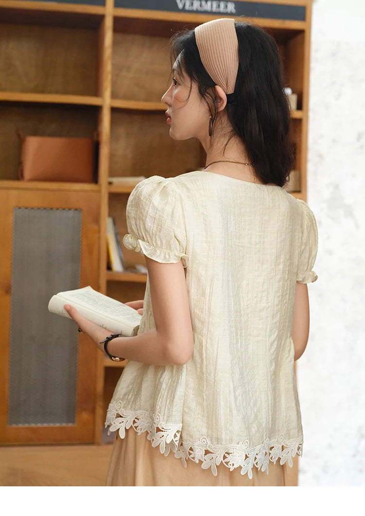 MISHOW Women's French Round Neck Lace Up Blouse 2025 Summer Embroidery Puff Sleeve Flower Spliced Commut Short Top MXE39X1956