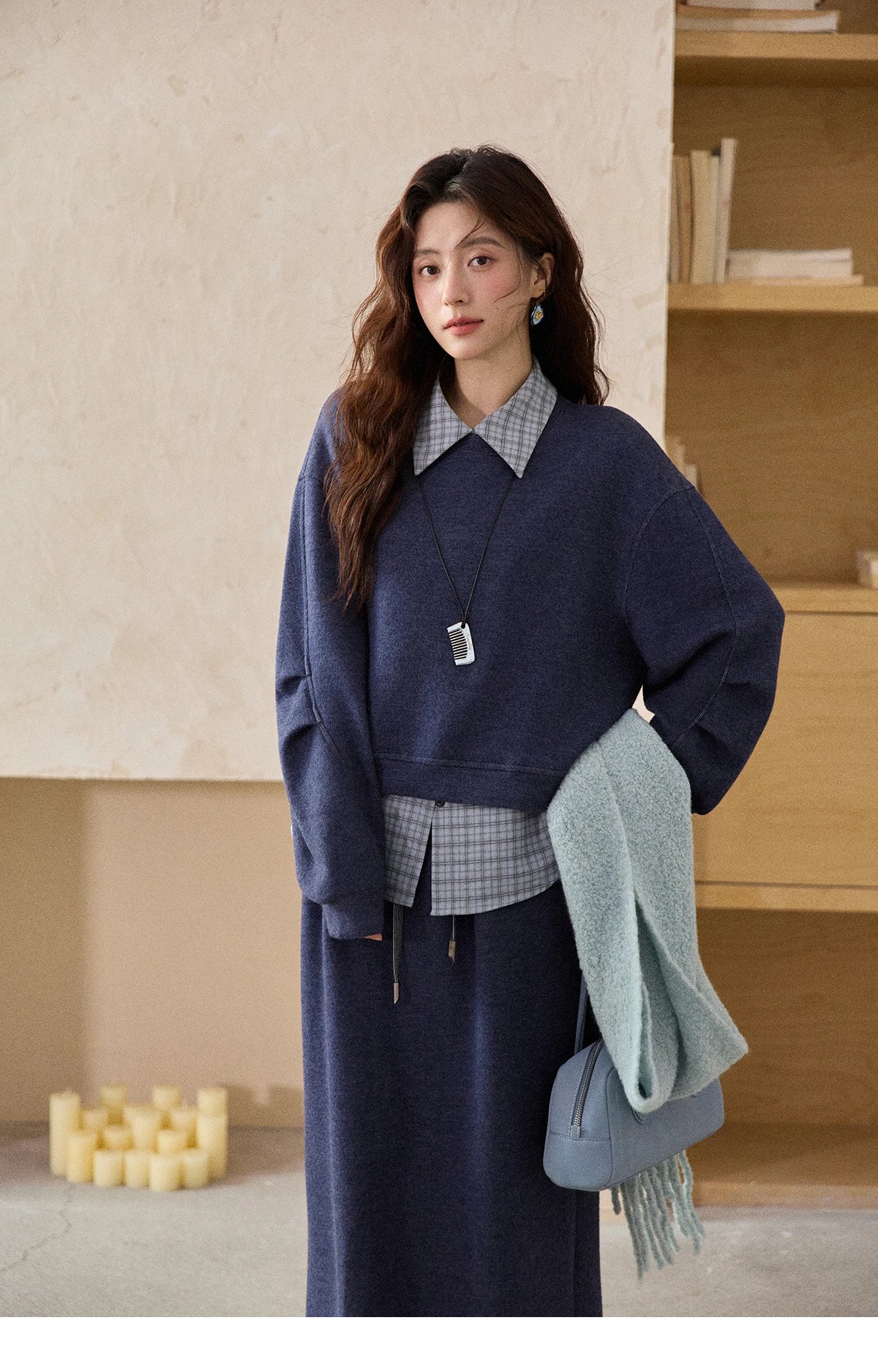 MISHOW Blue Plaid Sweatshirt Suit Women's 2025 Winter Fashion Turn-down Collar Knitted Top Straight Skirt Woman Sets MXE87T1445