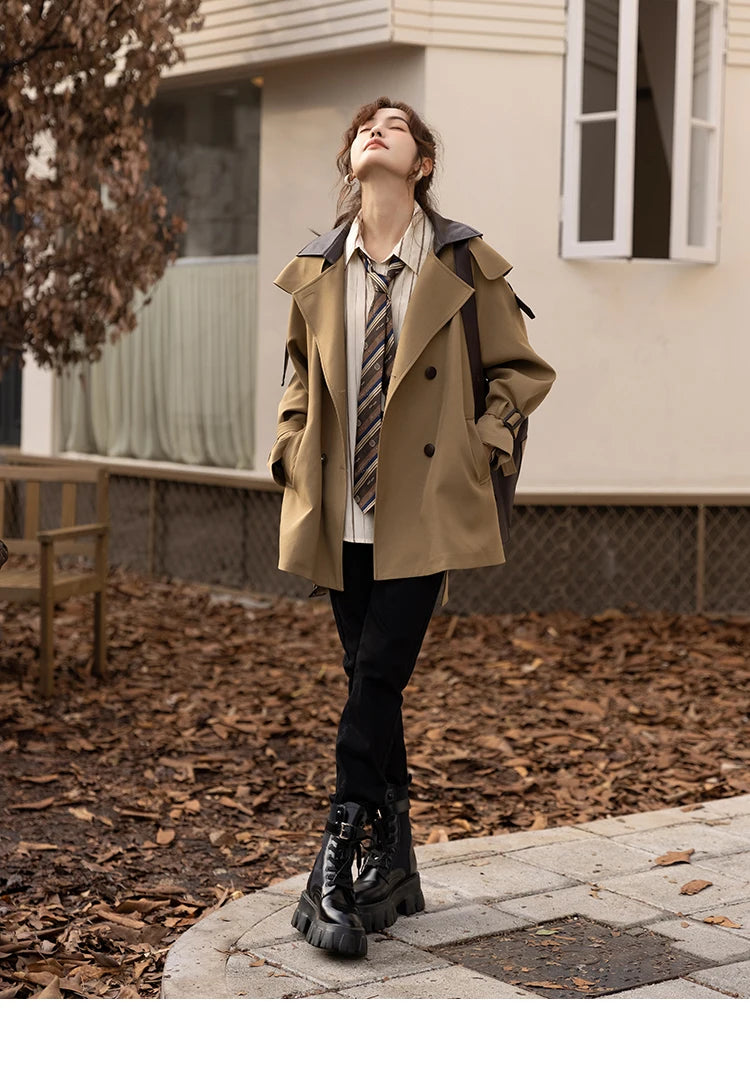 MISHOW Trench Coats for Women Autumn Korean Office Lady Polo Collar Patchwork Long Mid-length Jacket Female Outerwear MXB33W0399