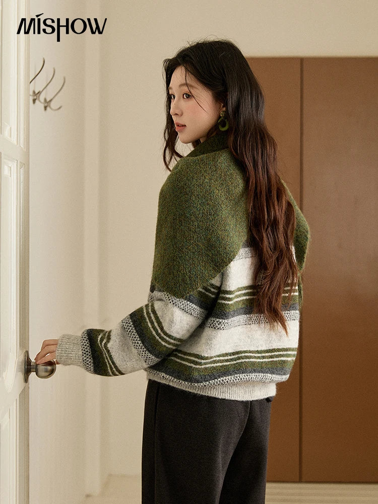 MISHOW Women's Wool Blend Retro Striped Sweater with Scarf Set 2025 Winter Knitted Round Neck Warm Loose Sweaters MXE94Z2987