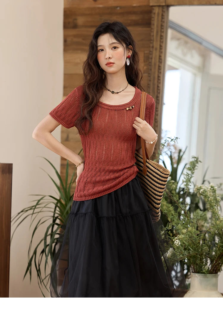 MISHOW Retro Red Hollow Thin Knitted Sweater Shirt for Women 2025 Summer Beads Short Sleeves Knitted Breathable Top MXE35Z1271