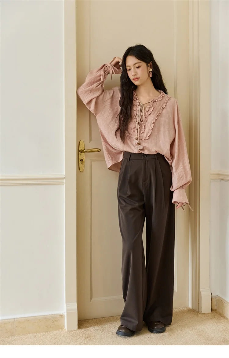 MISHOW Women's Pink Blouse 2025 Autumn Elegant Fold Edge V-collar Bubble Sleeve Top Loose Casual Commute Blouses MXE45X2485