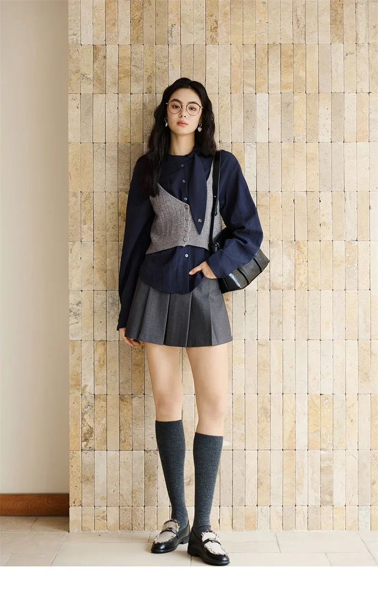 MISHOW Woman Shirt Set 2025 Autumn Fashion New Navy Blue Ribbon Design Layered Shirt Knit Camisole Two-piece Suit MXE47T1412