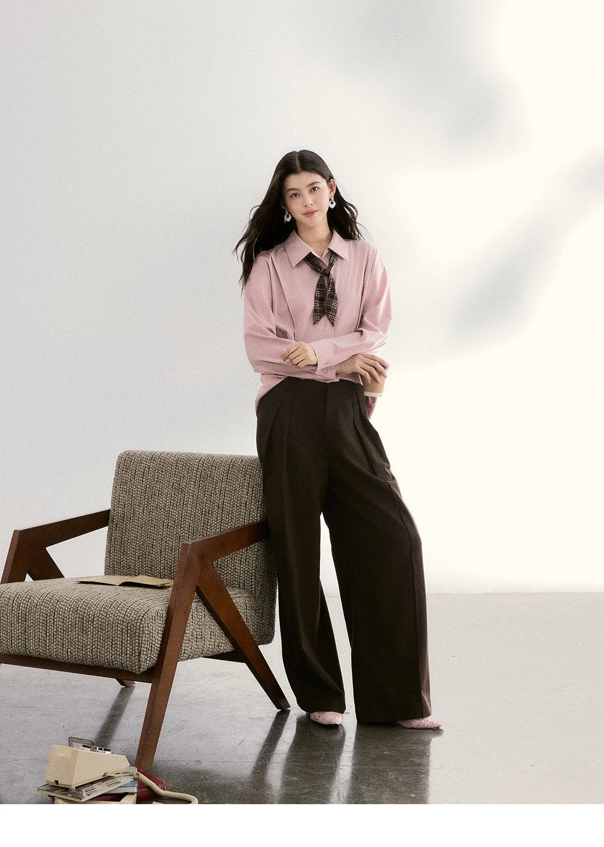 MISHOW Women's Casual Loose Shirt with Plaid Scarf 2026 Spring Lapel Tops Versatile Long Sleeve Shirts Office Lady MXF108C0815