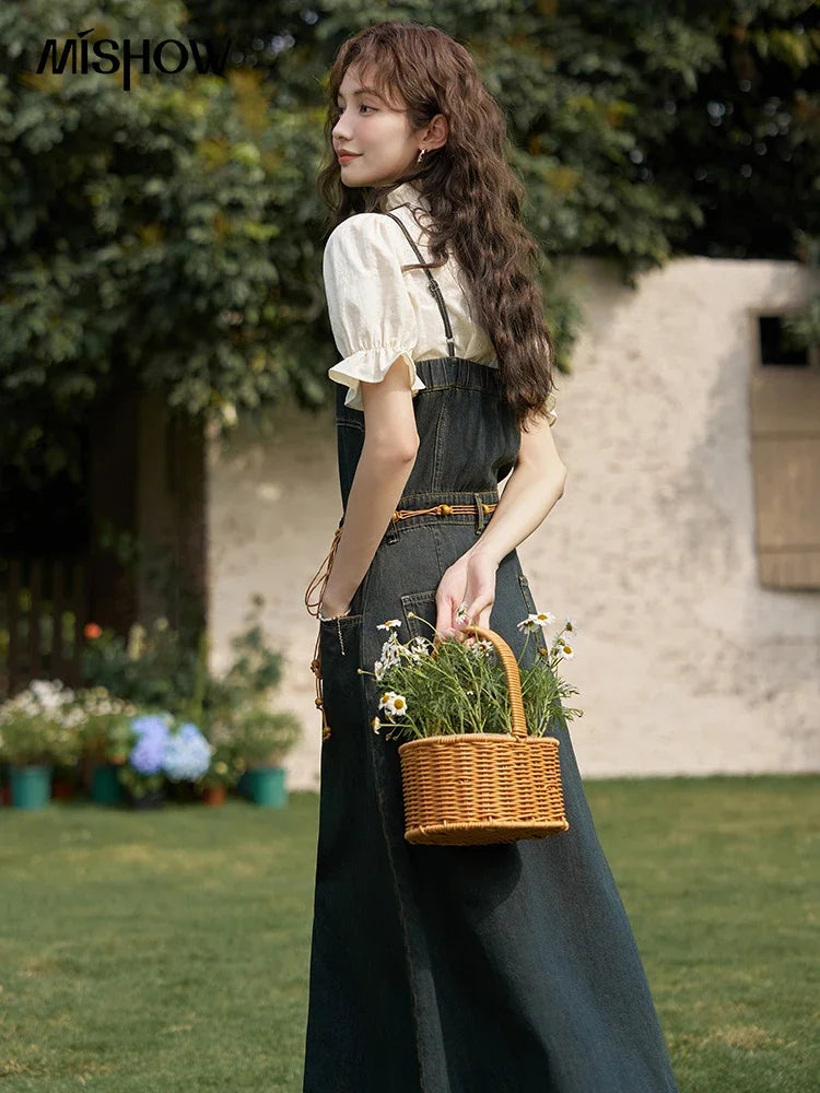 MISHOW Suspender Denim Dress Paired Blouse Separately 2024 Summer V Neck Puff Sleeve Top Back Elastic Waist Dress MXD21L1664