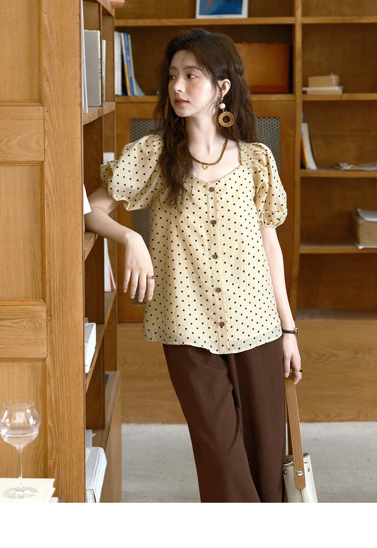 MISHOW Women's Polka Dot Puff Sleeve Blouse 2025 Summer New Ladies Button Retro Sweet V-neck Top Women's Clothing MXE37X1859