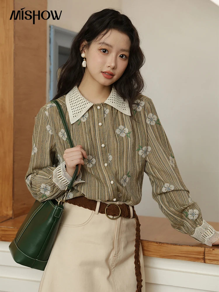 MISHOW Embroidered Shirt for Women Autumn 2025 Hollowed Out Woven Lapel Tops Lace Cuffs Vintage Long Sleeved Shirt MXE44C2393