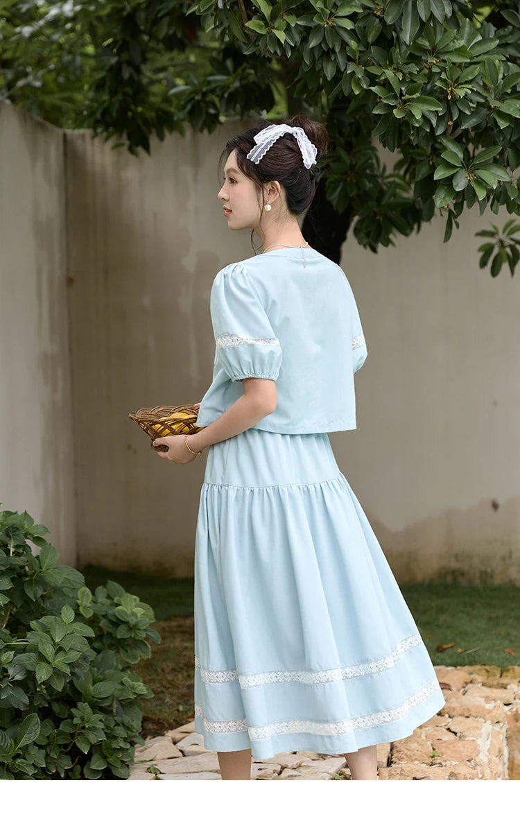 MISHOW Blue Pocket Patchwork Lace Shirt Elastic Waist Skirt Separately 2024 Summer Korean Round Neck Top Sweet Skirts MPD22B0450