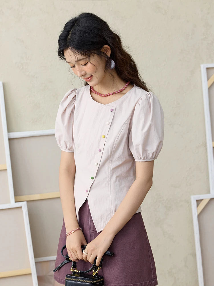 MISHOW Bubble Sleeves Blouses for Women Summer 2025 Irregular Placket Tops Rainbow Button Solid Blouse Office Lady MXE34X1782