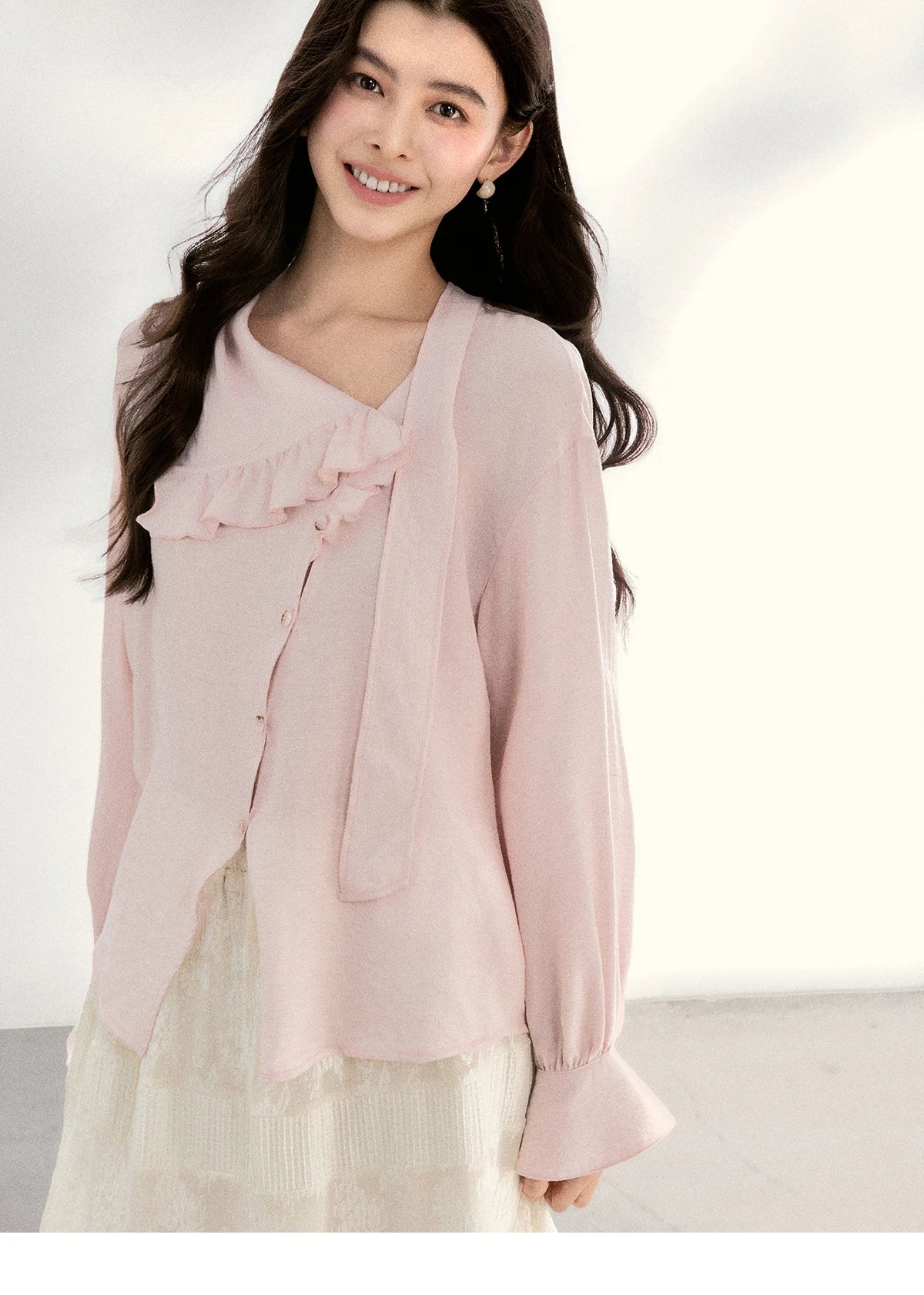 MISHOW Women's Pink Elegant Blouse 2026 Spring Asymmetrical Ruffled Collar Button Shirts Puff Sleeve Casual Loose Top MXF11X2520