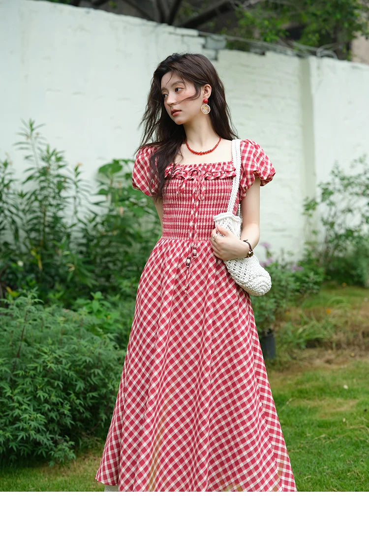 MISHOW Women's Retro Red Plaid Dress 2025 Summer New Square Neck Lace Up Hollow Out Spliced Dresses Women's Clothing MXE39L2324