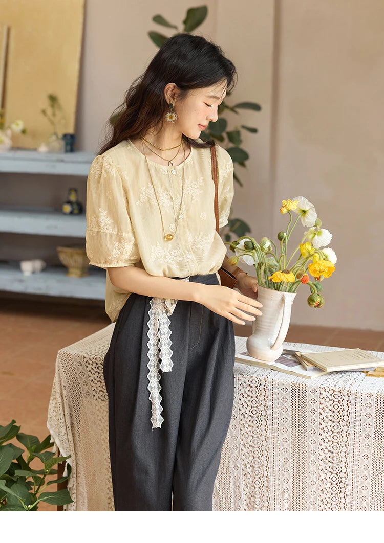 MISHOW French Retro Embroidered Floral Blouse for Women Summer 2025 Round Neck Single Breasted Top Puff Sleeve Blouse MXE36X1874