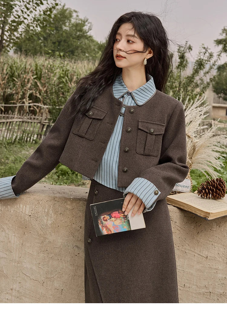 MISHOW Plaid Tweed Skirt Long-sleeved Jacket Long Skirt Separately Winter 2024 Korean O Neck Coat Front Slit Skirt MXD43W0445