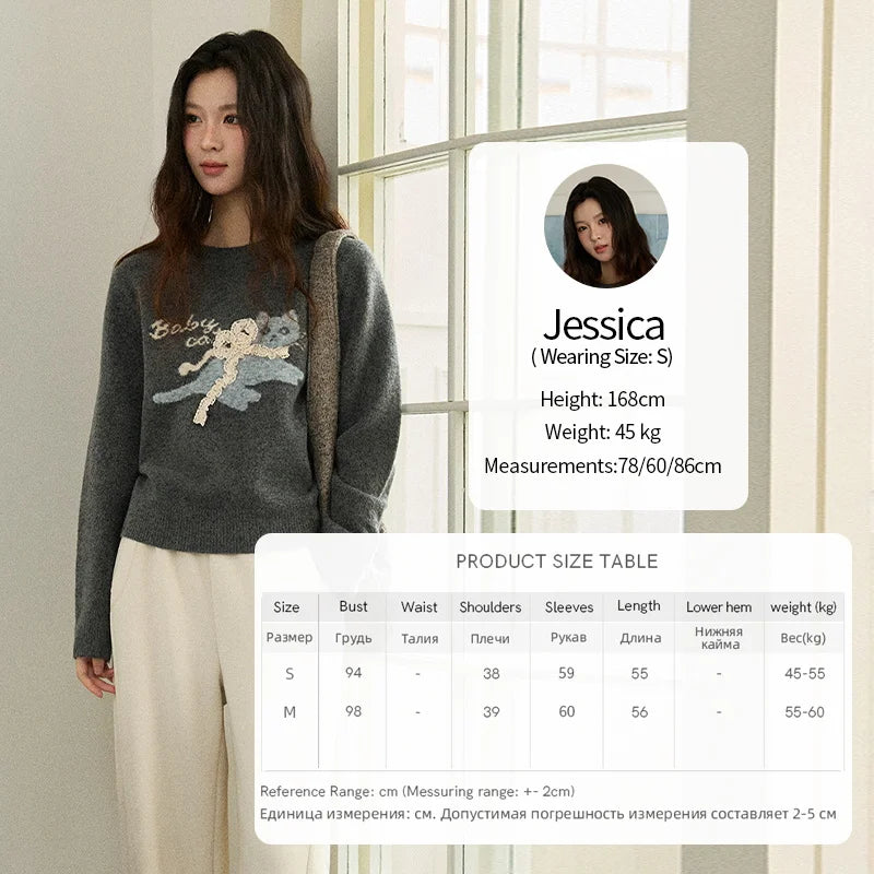 MISHOW Cat Jacquard Pullovers for Woman 2025 Winter Lazy Style Round Neck Three-dimensional Bow Loose Knit Sweater MXE86Z2750