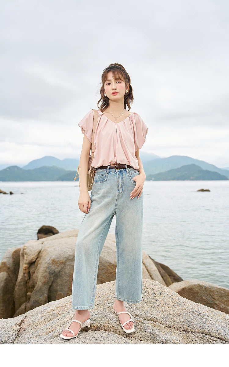 MISHOW Soft Blouses for Women 2025 Summer French Rear Collar Tie Up Solid Short Sleeve Solid V Neck Puff Sleeve Tops MXC38X1275