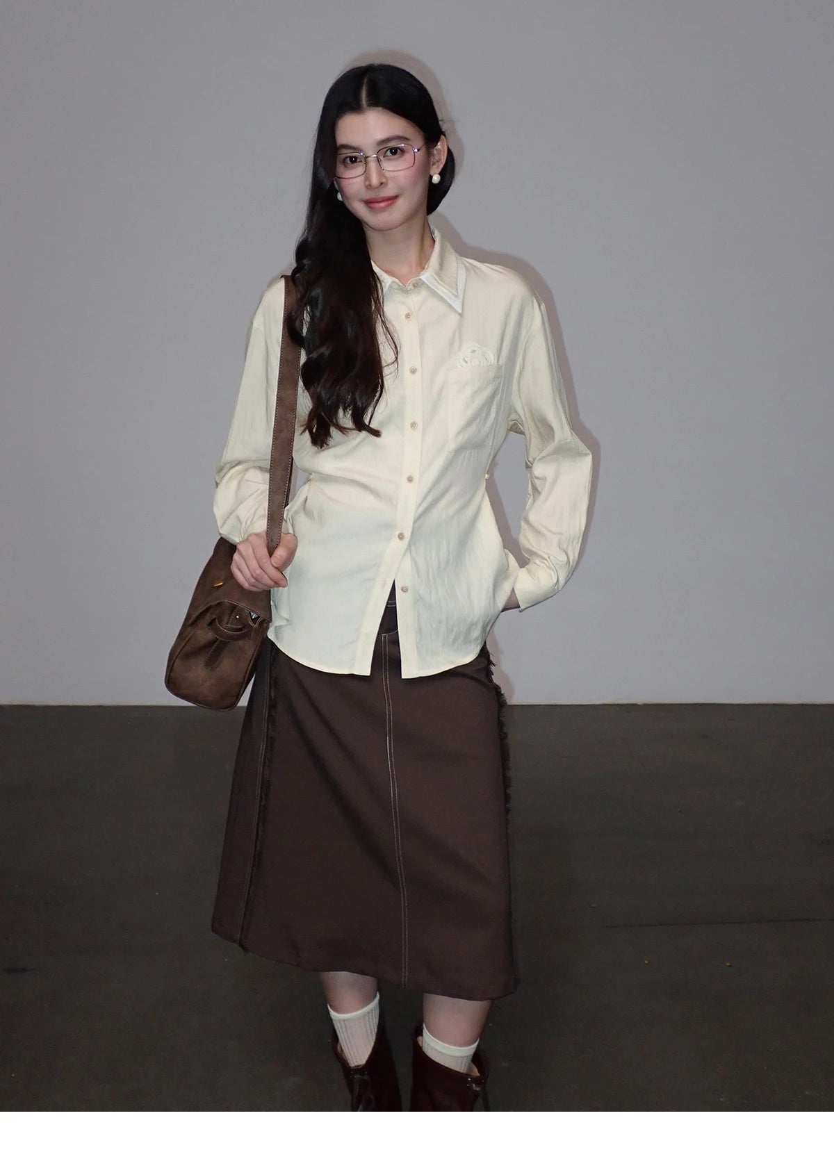 MISHOW Women's Contrast Trim Lapel Collar Shirts 2026 Spring Floral Embroidery Pocket Decor Button Waist Casual Shirt MXF13C2440