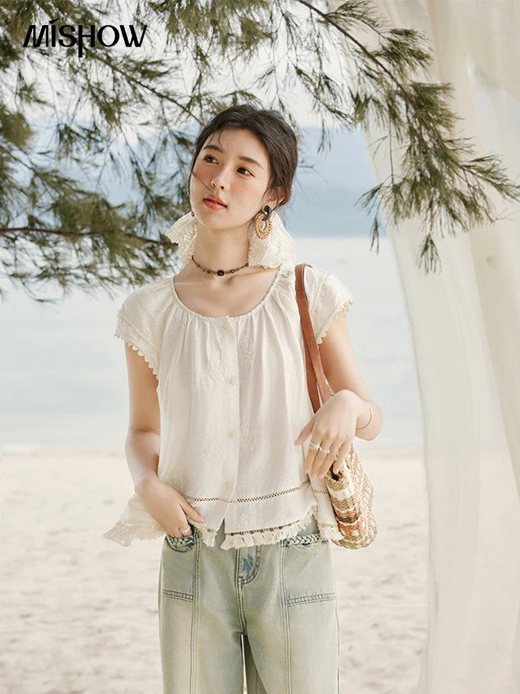 MISHOW Embroidered French Shirt Women Summer 2025 Short Sleeve Round Neck Solid Blouses Female Fashion New Tops Lady MXE33X1744