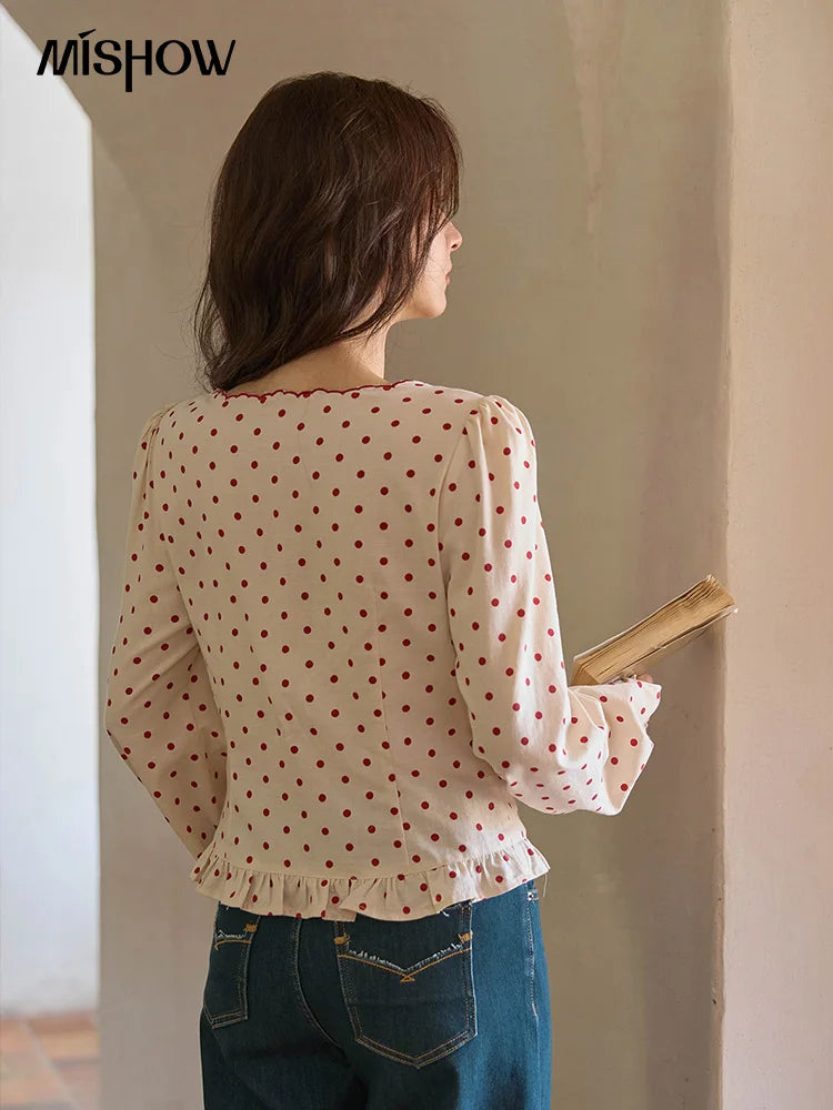 MISHOW Apricot Bottom Red Polka Dot Shirt for Women Autumn 2025 Korean Ruffled Edges Shirts V-neck Lace-up Sweet Top MXE42X1971