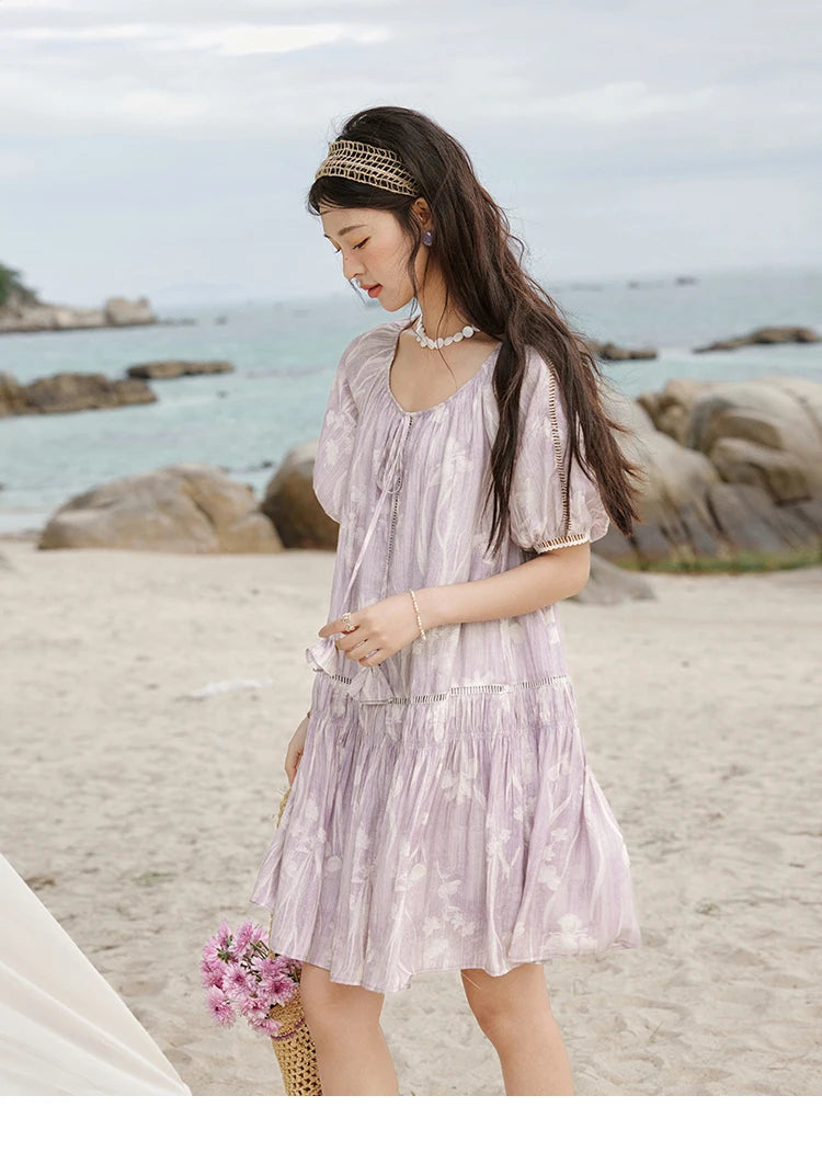 MISHOW Print Summer Chiffon Dress Women 2025 Short Sleeve U Neck Splicing Hollow Lace Midi Dresses Lady New Fashion MXE32L2164