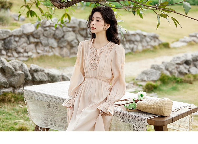 Mishow Pink Fungus Edge V-Neck Lace-Up Dress MXE11L2087
