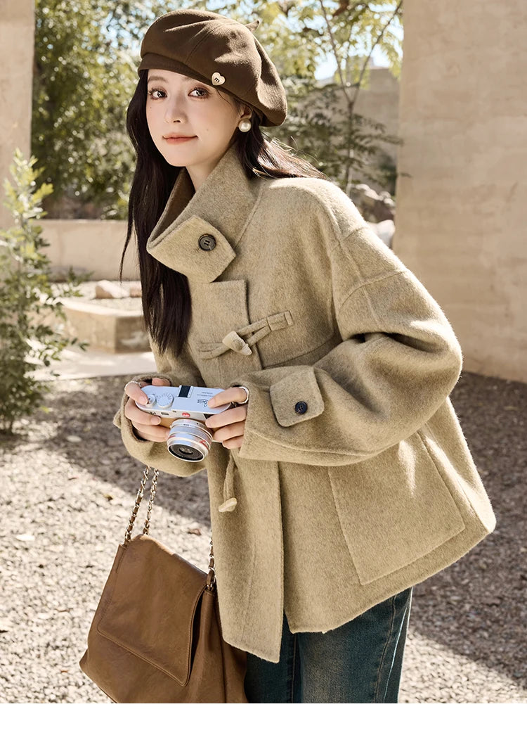 MISHOW Reversible Wool Velvet Coat Cow Horn Button Lapel Coat 2024 Winter Fashion Luxury Senior Korean Tweed Jacket MXD44W0446