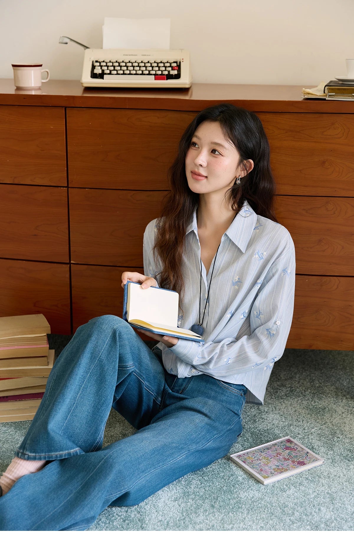 MISHOW Long Sleeve Shirts for Woman 2025 Autumn Retro Blue Single-breasted Blouse Floral Embroidery Casual Tops MXE45X2495