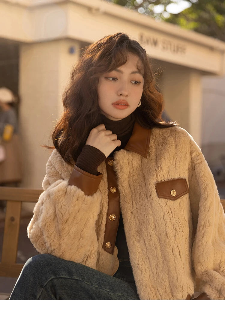 MISHOW Women's Lamb Wool Coat 2022 Winter Single Breasted Leather Turn-down Collar Thickened Warm Outwear Office Lady MXB43W0490