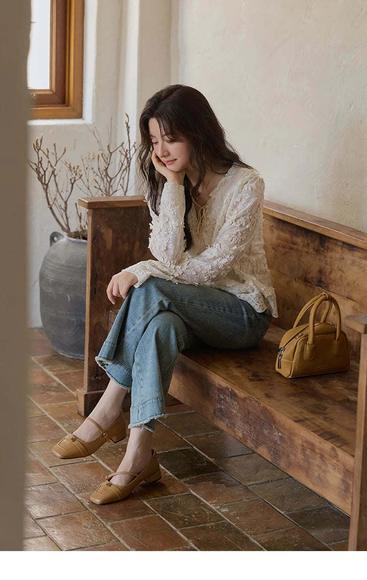 MISHOW Apricot Lace Jacquard Embroidered Shirt 2025 Autumn Black Fungus Edge Lace-up Vintage Commuter Top Office Lady MXE41X1927