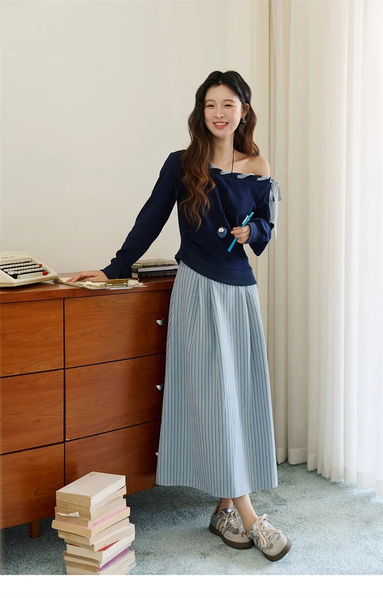 MISHOW Woman Striped Dress 2025 Autumn Blue Navy Slash Neck Contrast Lace Long-sleeved Dress Sexy Clothes for Women MXE45L2516