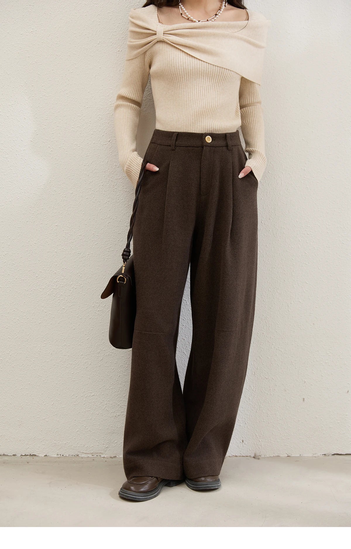 MISHOW Women Pants 2025 Autumn Winter Retro Brown Wide-leg Pants High Waist Design Loose Casual Drape Pants MXE88K1122