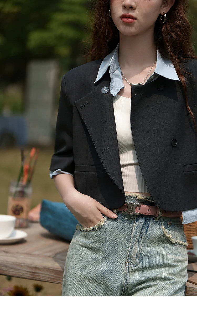 MISHOW Fake Two Short Suit Jackets for Women Summer Three Quarter Single Breasted Turn-down Collar Female Coats MXC33W0016