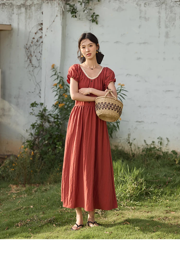 MISHOW French Summer Dress Women New 2025 Puff Short Sleeve Lace Neck Slimming Long Dresses Female Fashion Elegant MXE35L2297