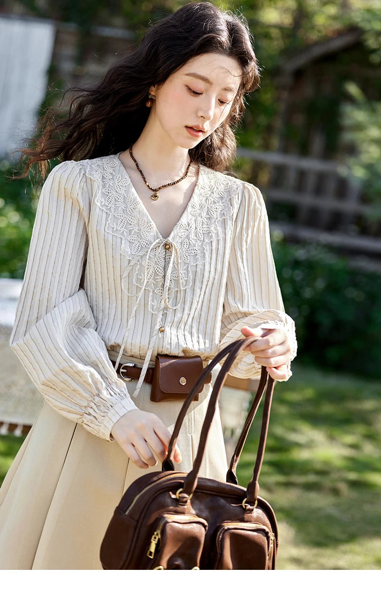 MISHOW French Retro V-neck Lace-up Striped Shirt for Women Spring 2025 Embroidered Lace Long Sleeve Top Casual Shirts MXE12X1715
