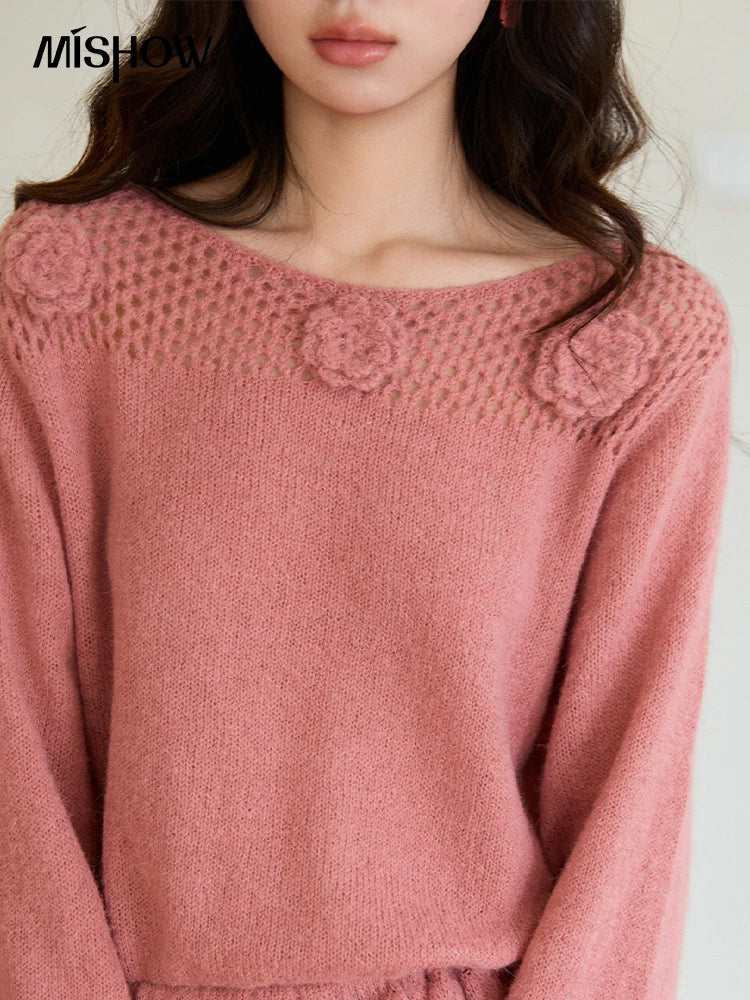 MISHOW Women's Pink Hollow-out Knitwear 2026 Spring Crew Neck Floral Embroidery Sweater Ruffled Hem Casual Loose Top MXE94Z2865