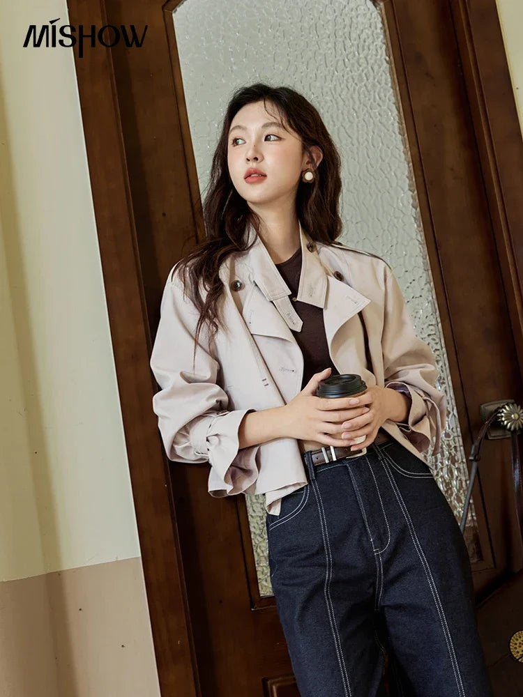 MISHOW Women's Short Fragrant Windbreaker Jacket 2024 Autumn Korean Stand Collar Double Row Placke Trench Streetwear MXD42W0386