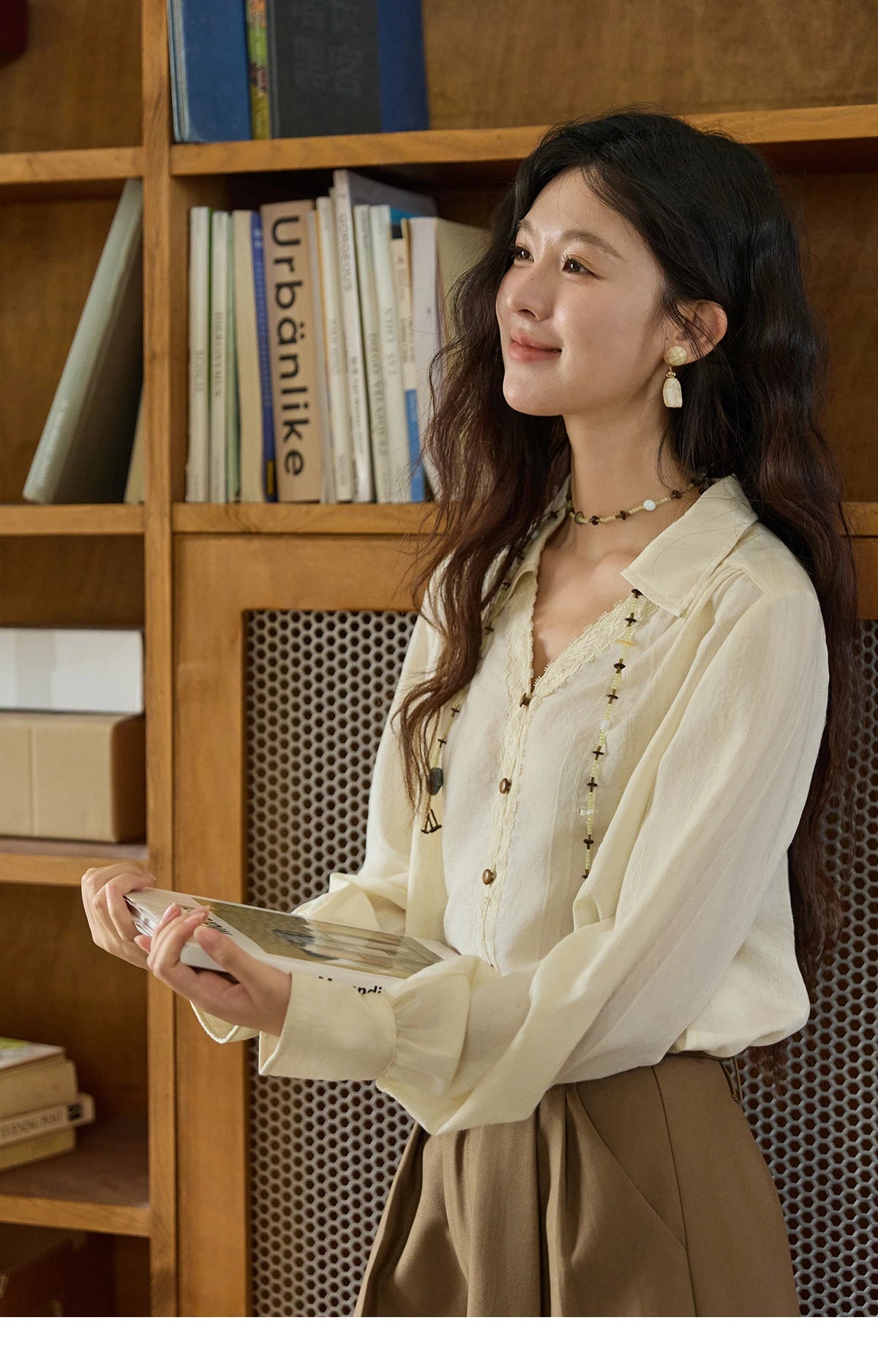 MISHOW Women's French V Neck Lace Panels Shirts 2025 Autumn Elegant Long Sleeve Apricot Top Office Chic Loose Shirt MXE43X2474